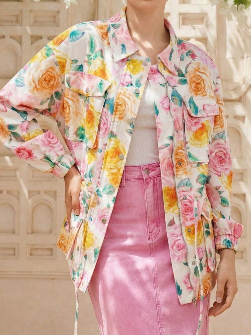 White Casual Women's Loose Fit Long Sleeve Floral Print Jacket With Pockets
